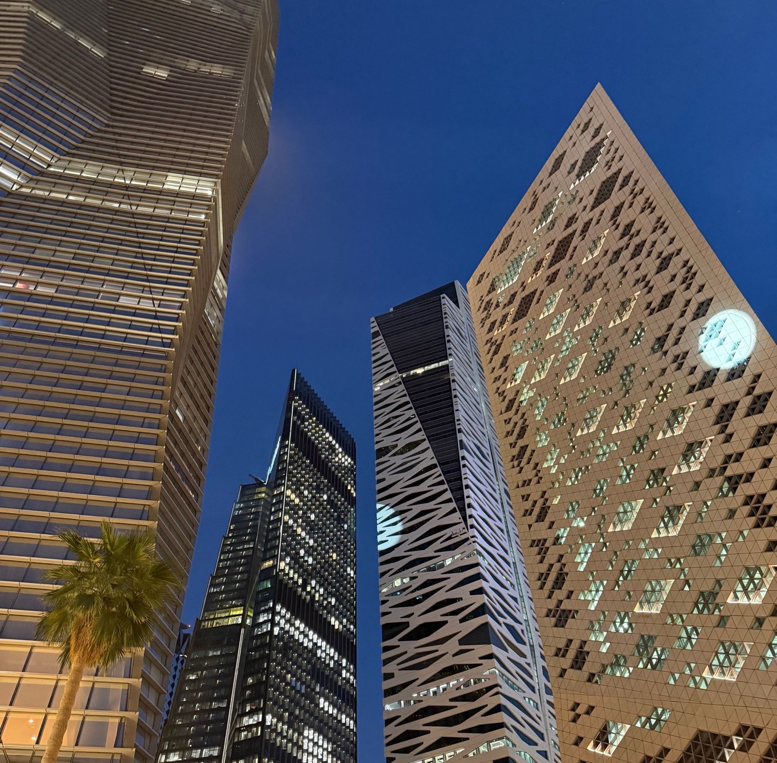 Office towers seen from the street below