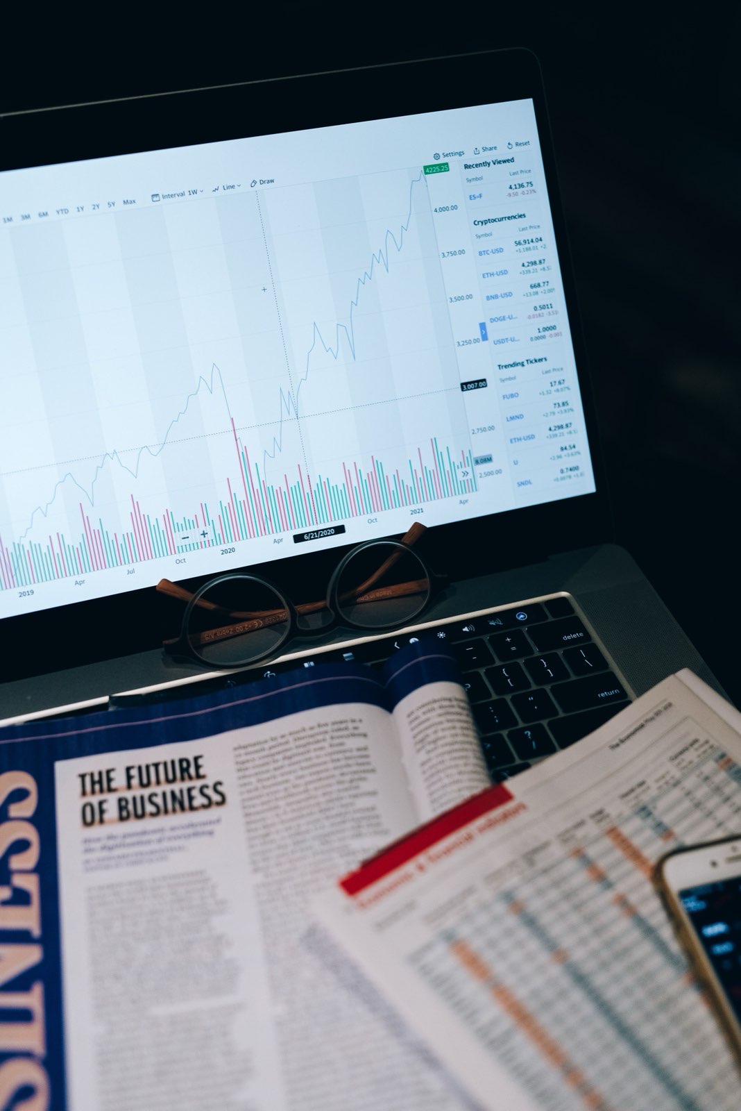 Market charts on a laptop screen beside printed research